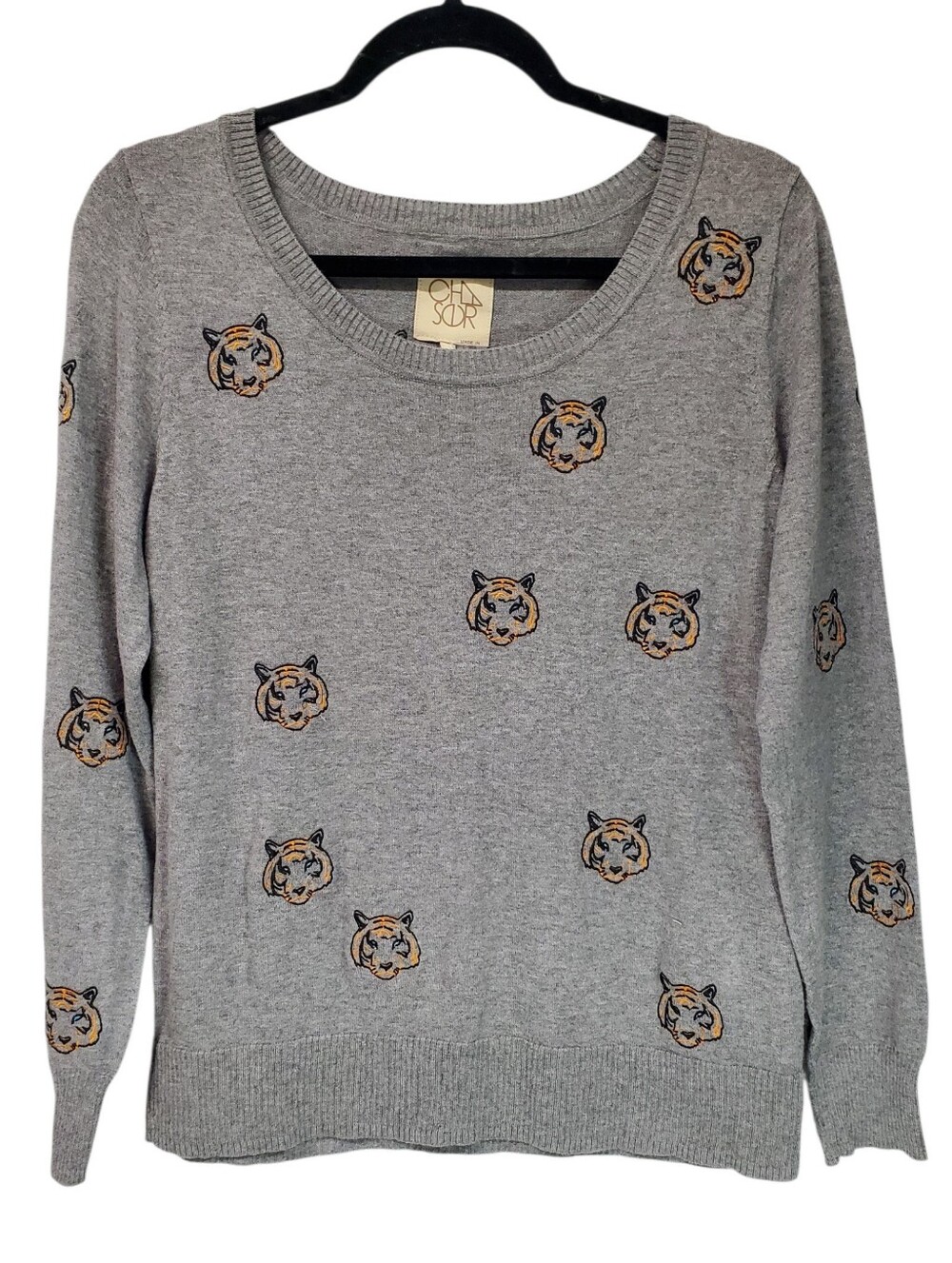 Chaser Tiger Embroidered Chasmere Blend Sweater Size Medium Preppy Classic